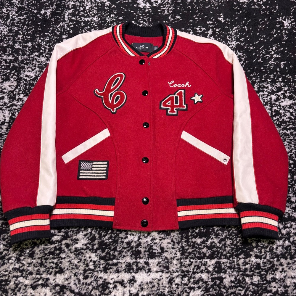 Coach New York Mens Wool Leather Varsity Jacket Red F34122 L